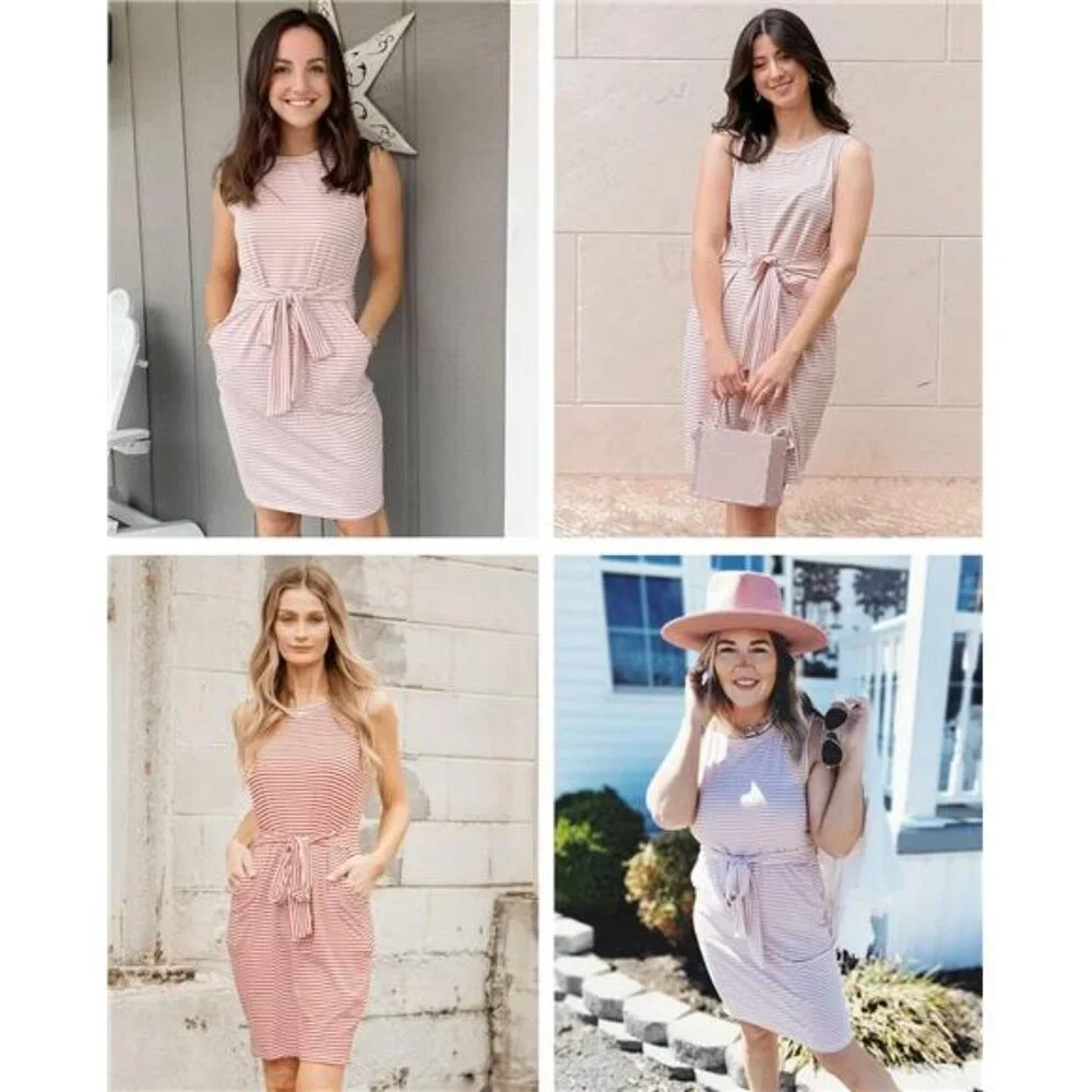 Womens Summer Sleeveless Striped T Shirt Dress Crew Neck Tie Waist Mini Dresses - Picture 5 of 7